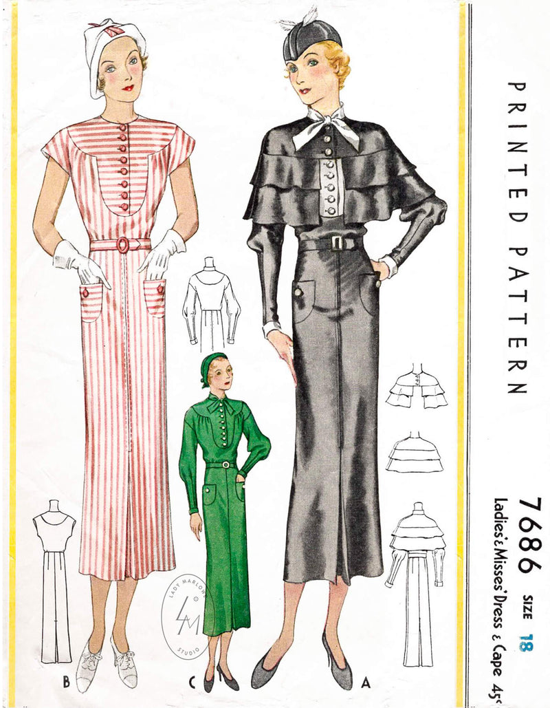 1930s McCall 7686 1933 art deco dress and ruffle capelet vintage sewing pattern repro