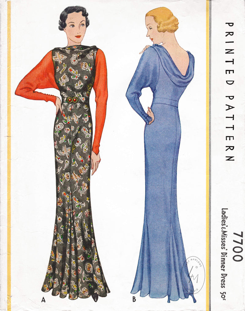 McCall 7700 1930s vintage sewing pattern evening gown cowl neck