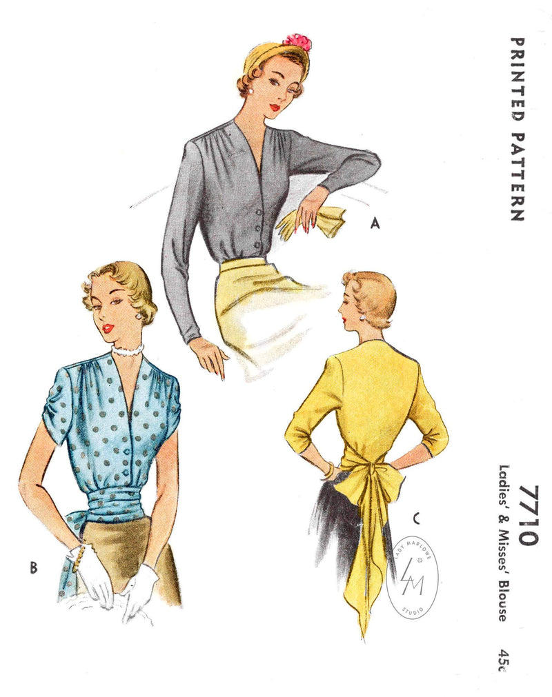 1940s 1950s blouse McCall 7710 shirring detail sash bow waist vintage sewing pattern reproduction