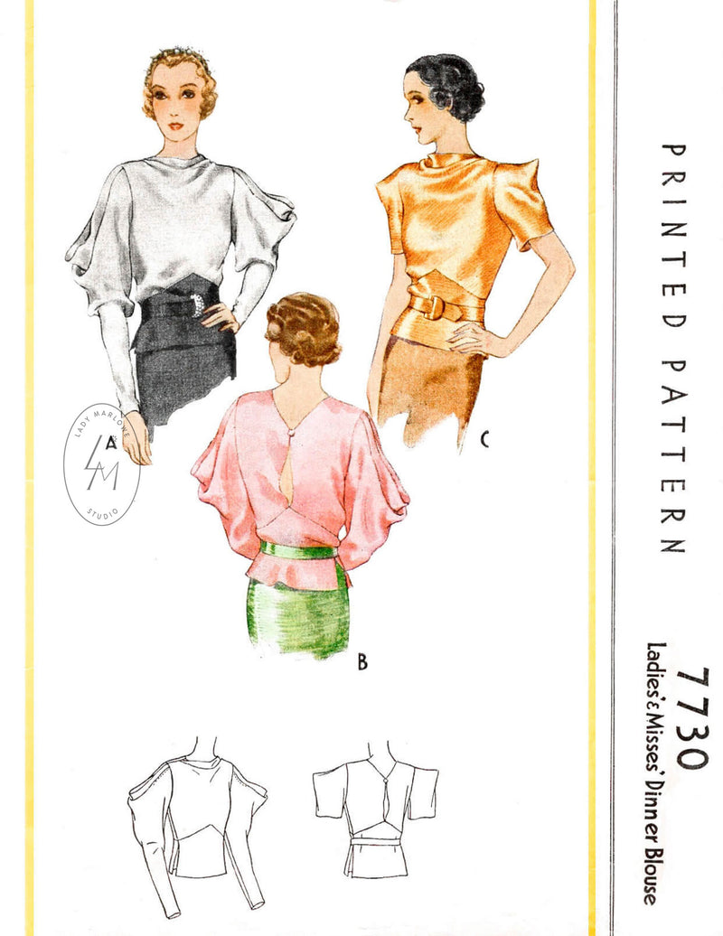 1930s McCall 7730 1934 evening blouse draped sleeves cowl neck vintage sewing pattern reproduction