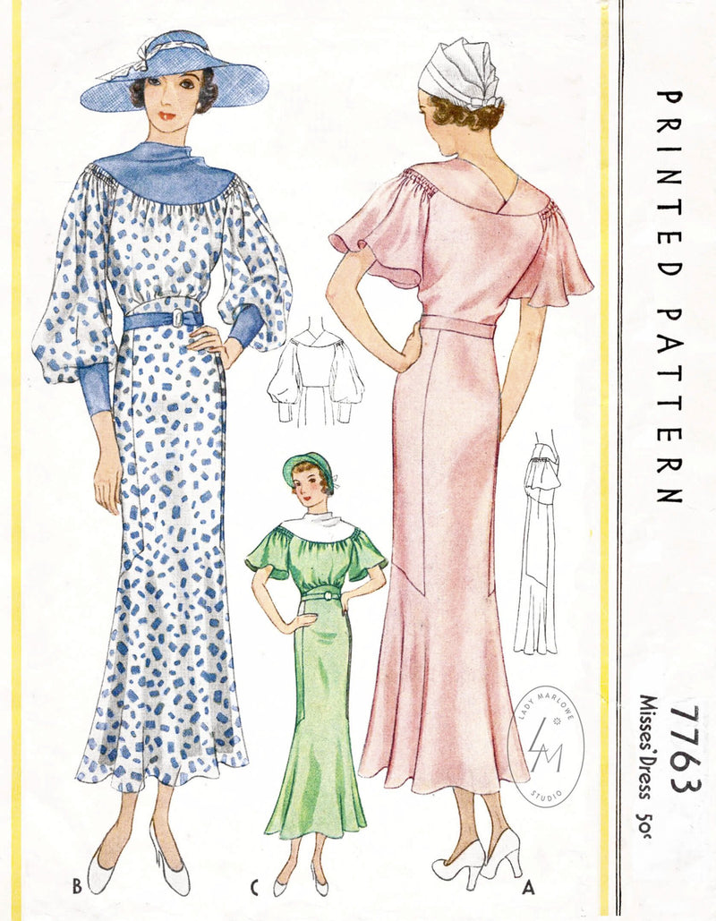 1930s 1934 art deco dress McCall 7763 cape sleeves bishop sleeves shirring detail vintage sewing pattern reproduction
