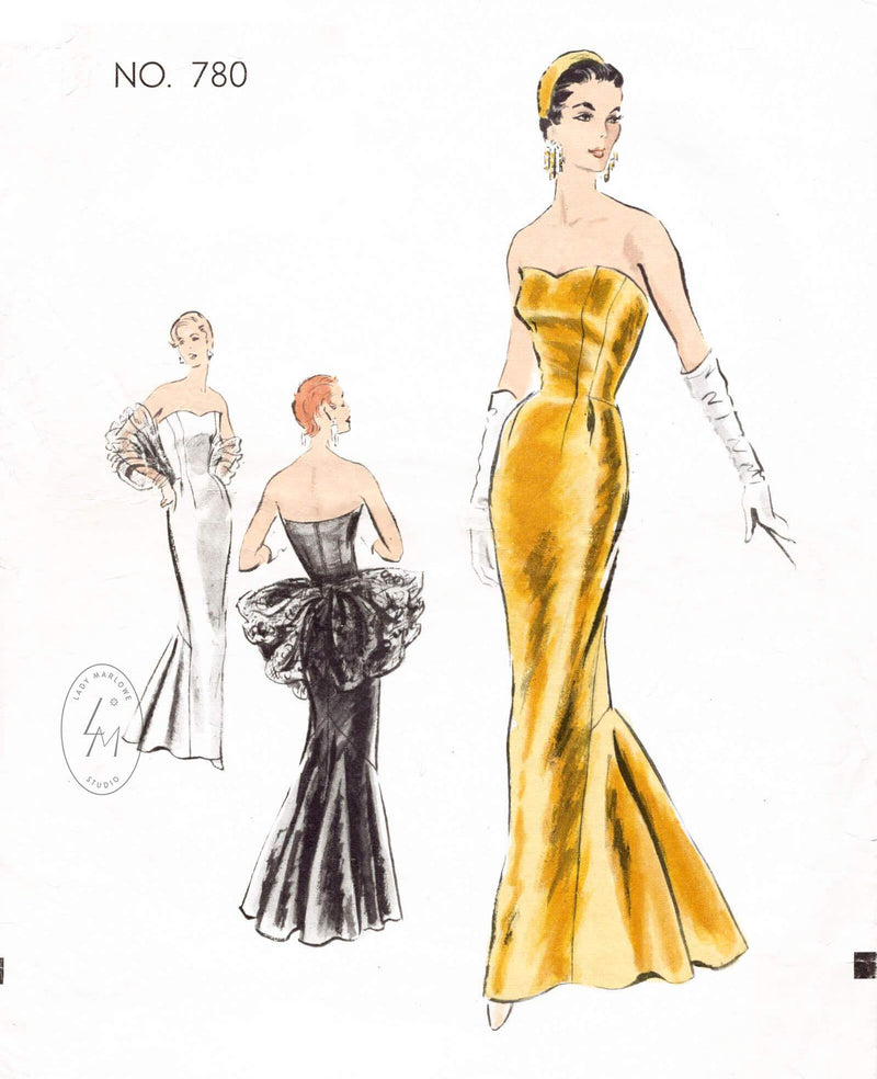1950s evening gown Vogue Couturier 780 mermaid dress strapless bustier vintage sewing pattern reproduction