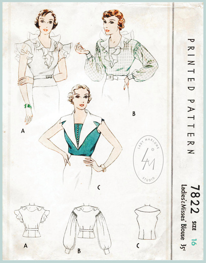 McCall 7822 1930svintage sewing pattern 1930 30s blouse tops