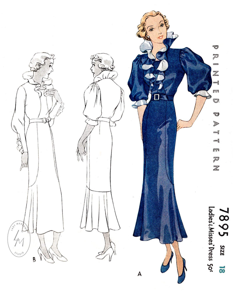 1930s dress McCall 7895 ruffle collar puff sleeves flounce hem vintage sewing pattern reproduction 