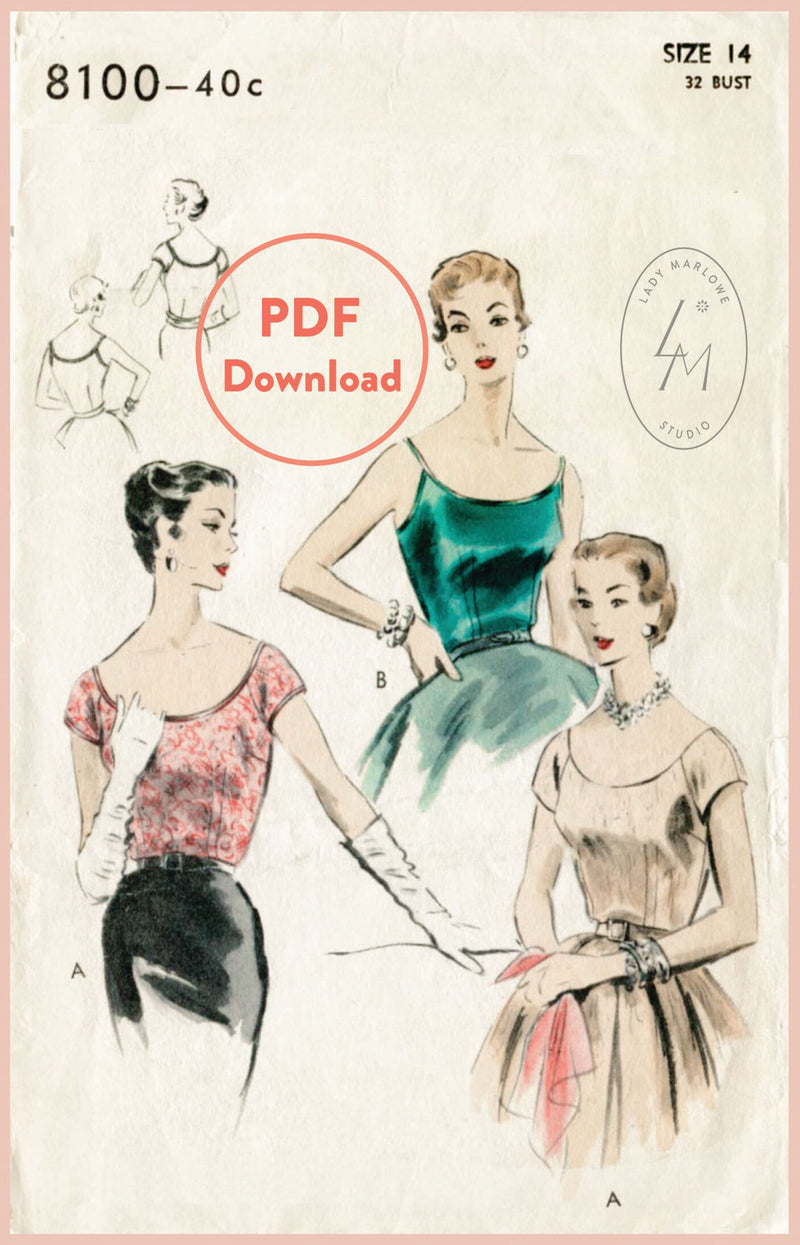 Vogue 8100 1950s blouse sewing pattern 1950 50s halter tops PDF pattern