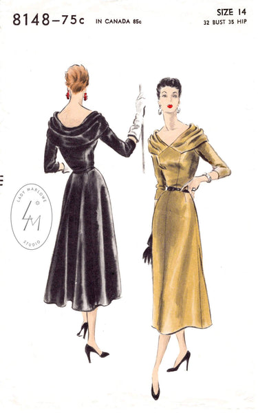 1950s dress sewing pattern cocktail dress scoop neck deep v back – Lady  Marlowe