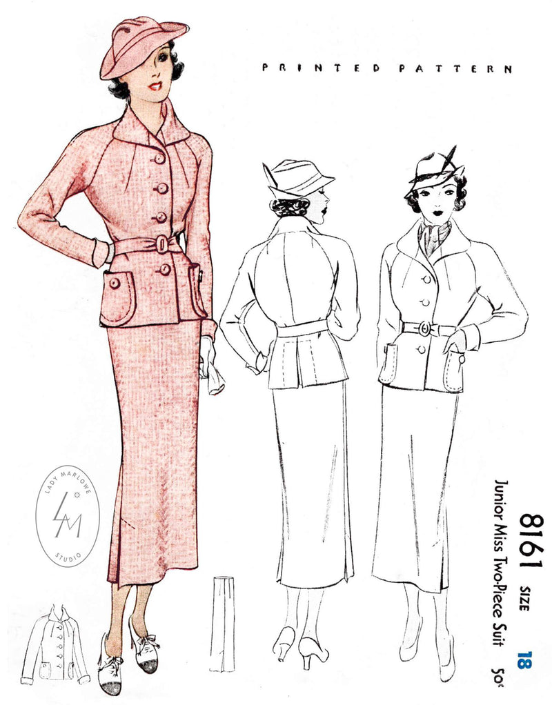 1930s 1935 skirt suit ensemble McCall 8161 jacket outerwear raglan sleeves pencil skirt vintage sewing pattern reproduction