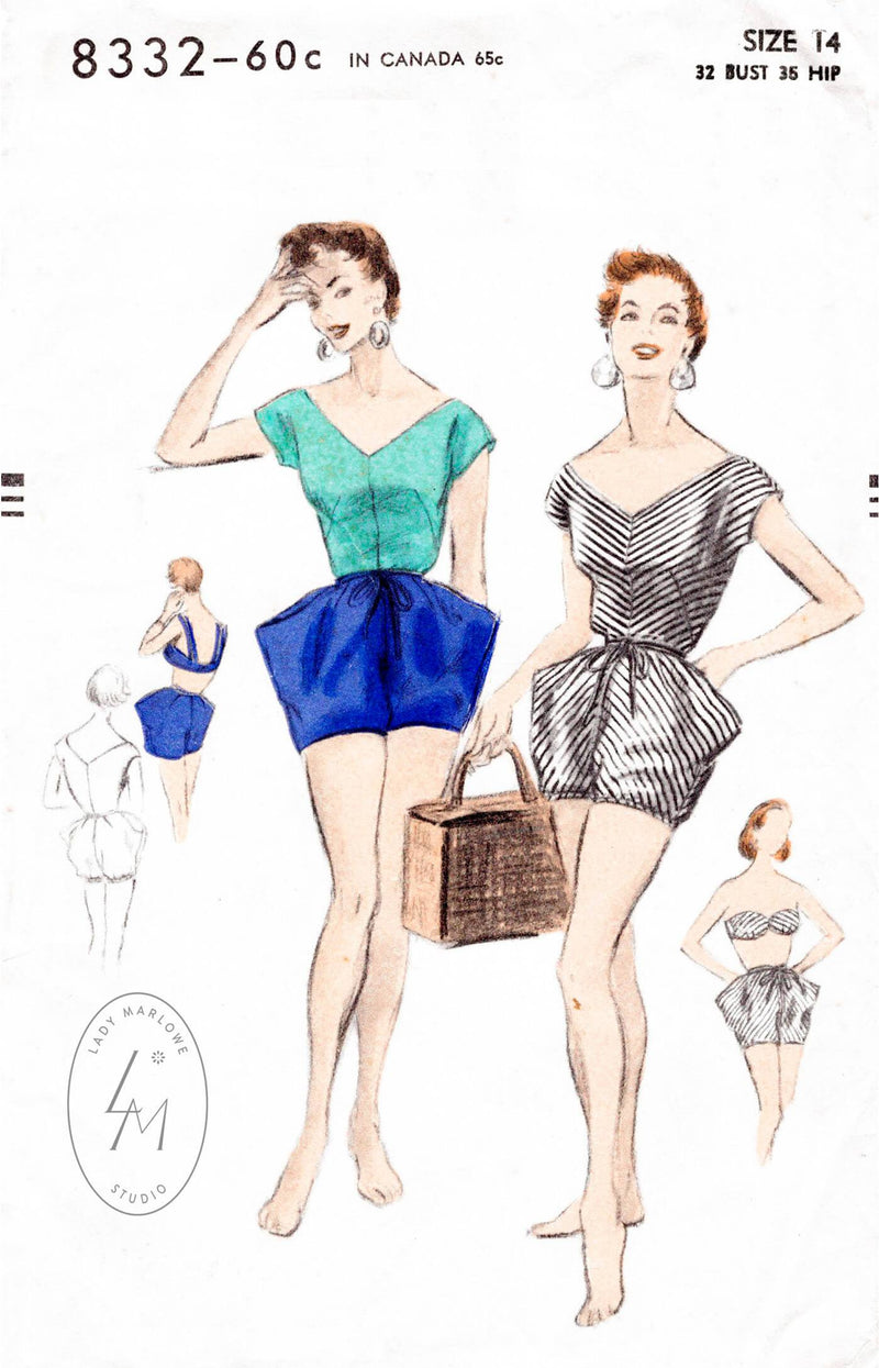 Vogue 8223 1950s beachwear high waist shorts blouse bra vintage sewing pattern 1950 50s