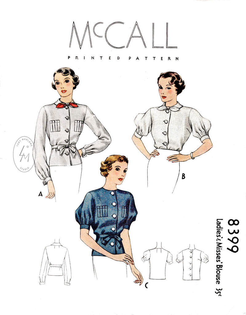 1930s 1935 set of blouses in 3 styles McCall 8399 puff sleeves accordion pleats bow tie collar vintage sewing pattern reproduction