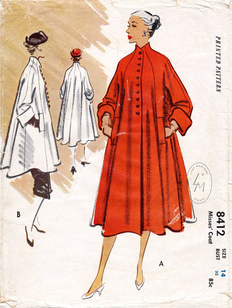 1950s trapeze swing coat and jacket vintage sewing pattern 8412