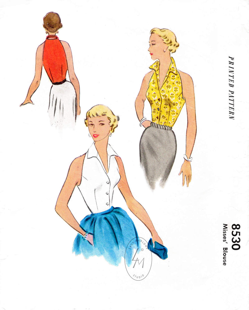 McCall's 8530 1950s 1951 halter top dart fitted with pointed collar vintage sewing pattern reproduction