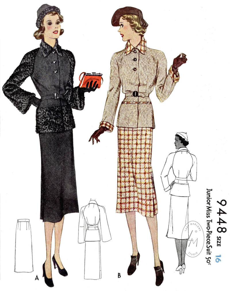 McCall 9448 1930s 1937 two piece suit raglan sleeve jacket vintage sewing pattern reproduction