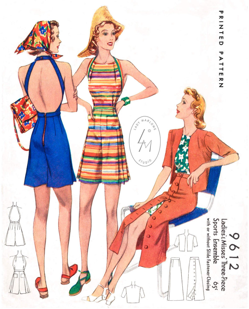 McCall 9612 1930s beachwear playsuit skirt jacket vintage sewing pattern reproduction