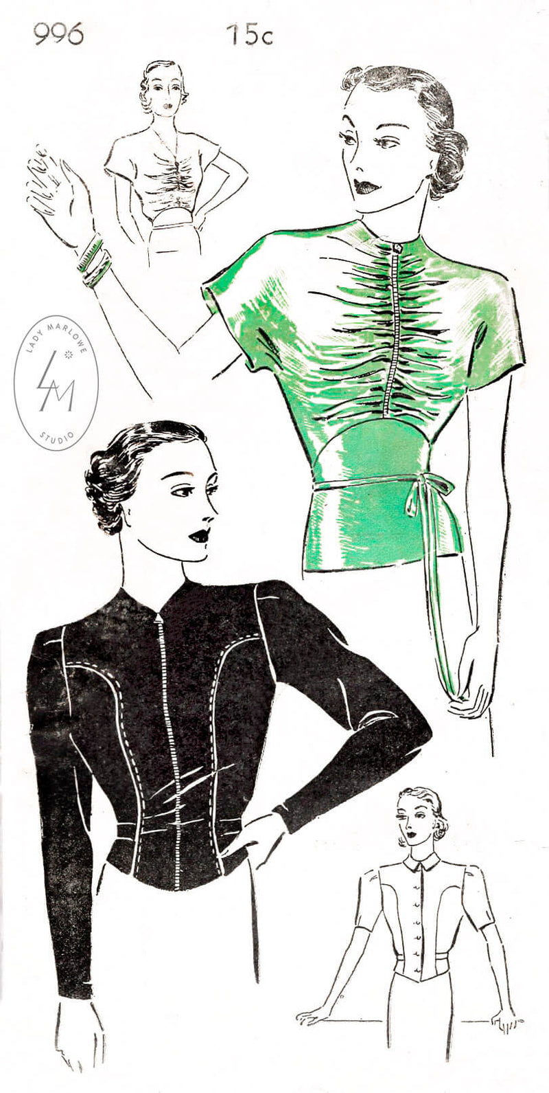 New York Pattern 996 set of blouses in 4 styles, front ruching, girdle waist, long sleeves, short puff sleeves. Vintage sewing pattern reproduction