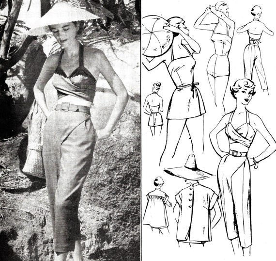 Woman's Day 5009 1950s beachwear playsuit capri pants bathing suit tunic vintage sewing pattern