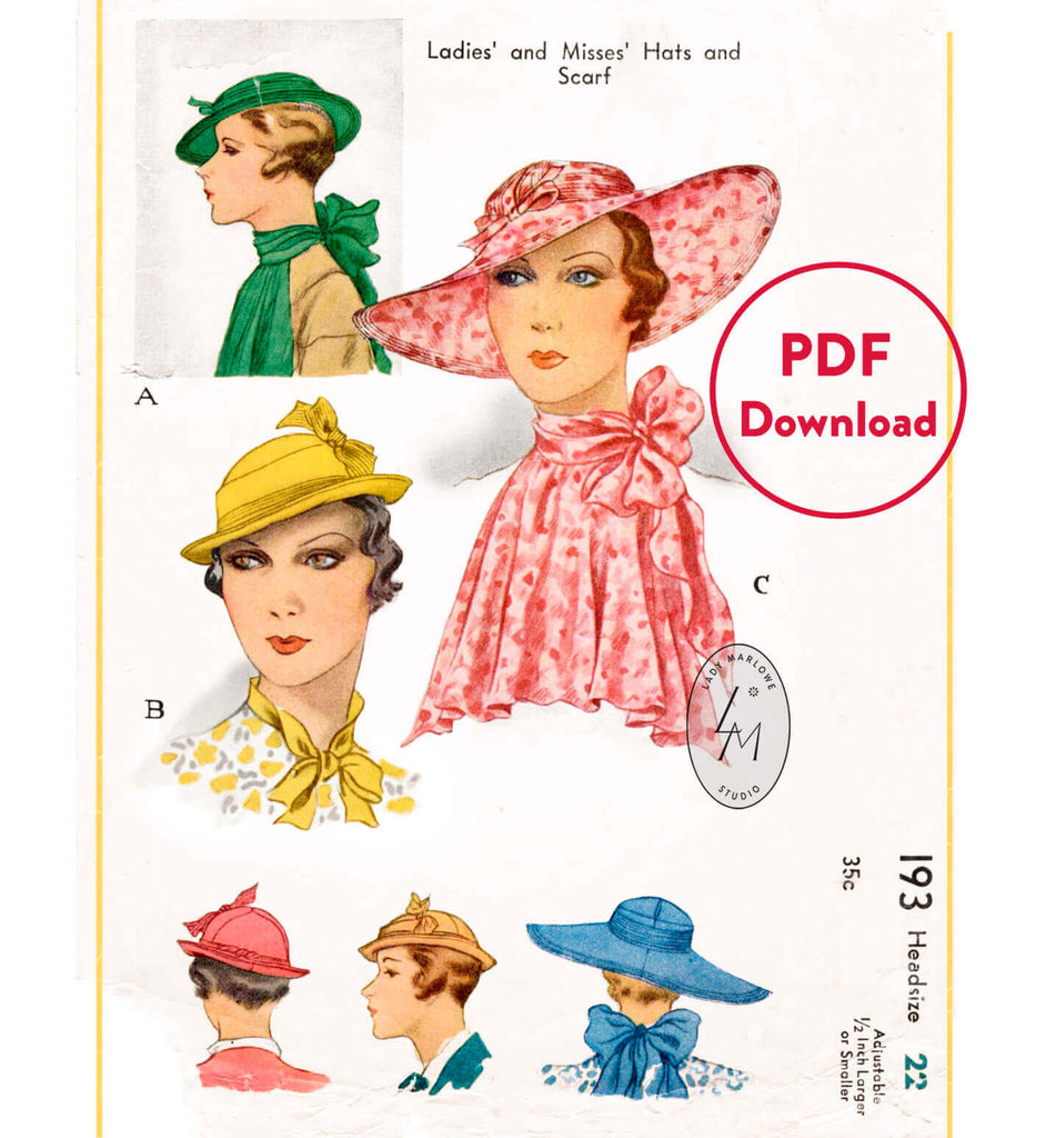 1930s 30s derby hat vintage sewing pattern set of hats & scarf 