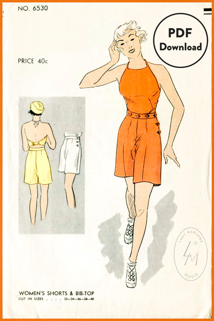 Vogue 6530 1930s vintage sewing pattern beachwear playsuit halter top and shorts