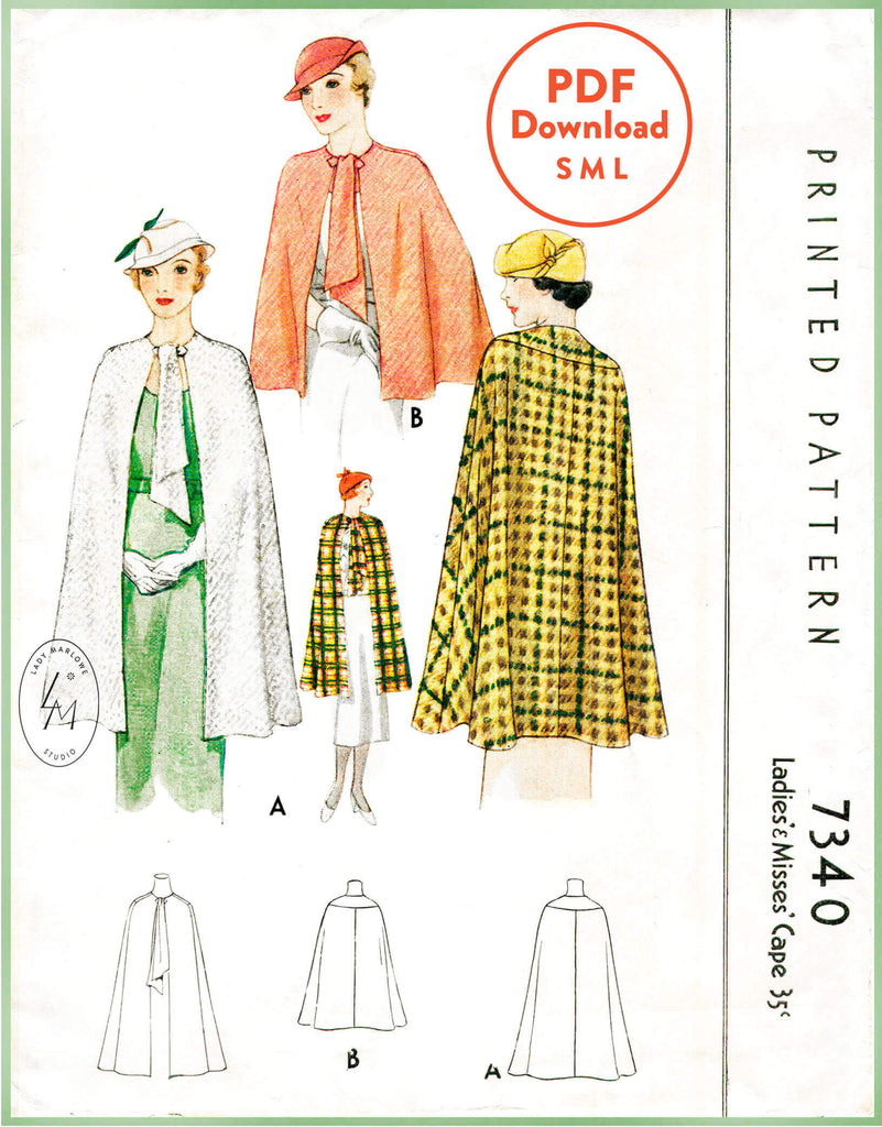 McCall 7340 1930s sewing pattern vintage cape outerwear pattern