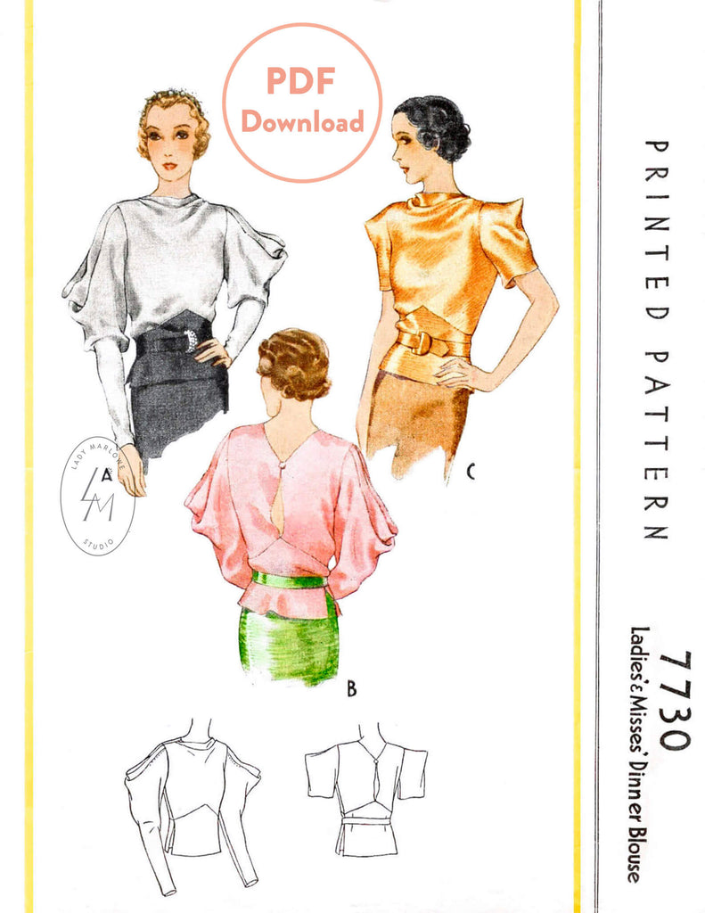 1930s McCall 7730 1934 evening blouse draped sleeves cowl neck vintage sewing pattern reproduction