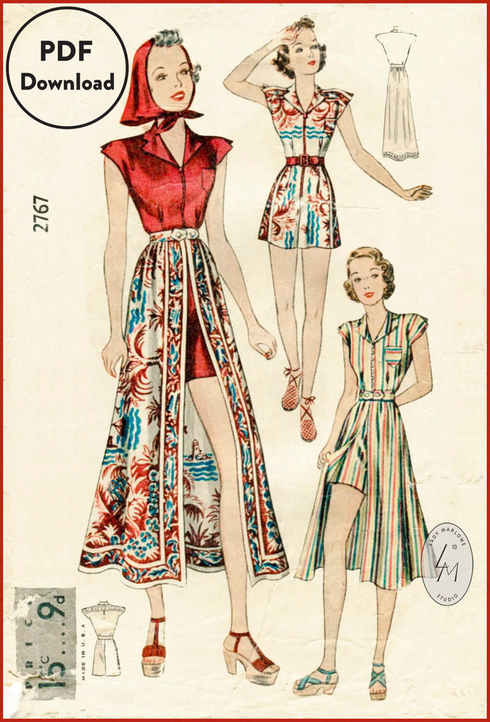 Simplicity 2767 1930s beachwear playsuit skirt vintage sewing pattern