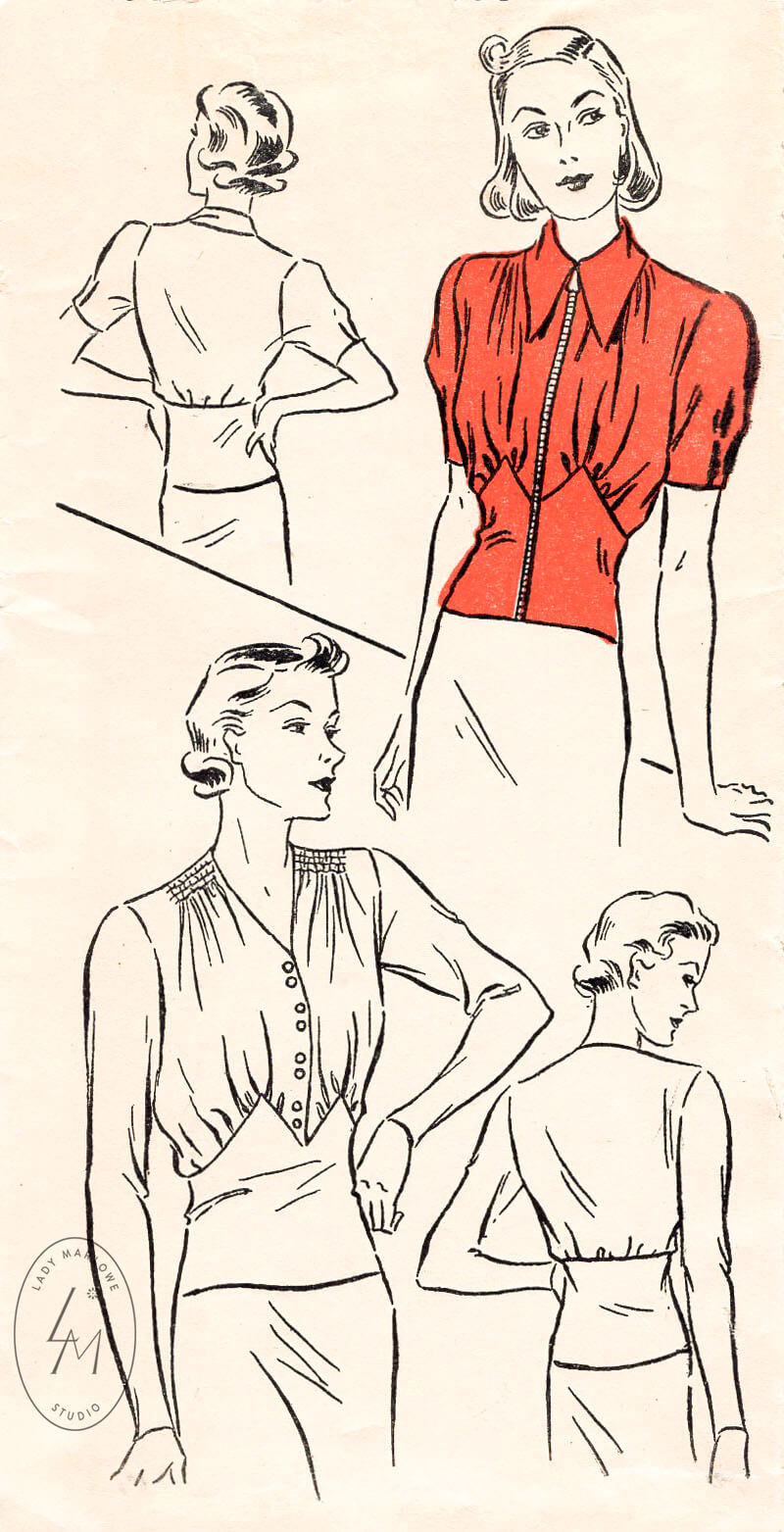 1930s blouse pattern in 2 styles New York 1002 shirring detail & puff sleeves