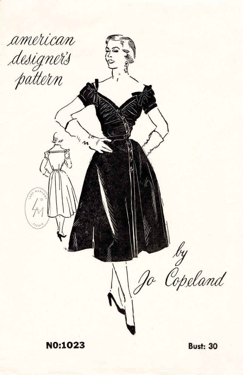1950s 50s cocktail dress evening frock Spadea Designer 1023 Jo Copeland bardot neckline swing skirt vintage sewing pattern reproduction