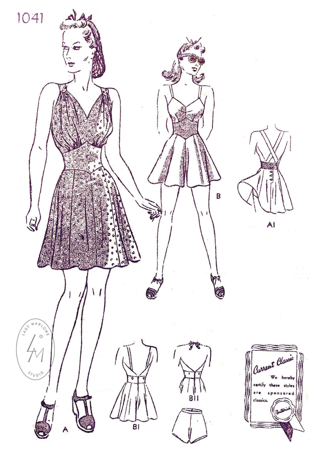Butterick 1041 1940s beachwear playsuit flounce hem skater skirt or shorts vintage sewing pattern reproduction