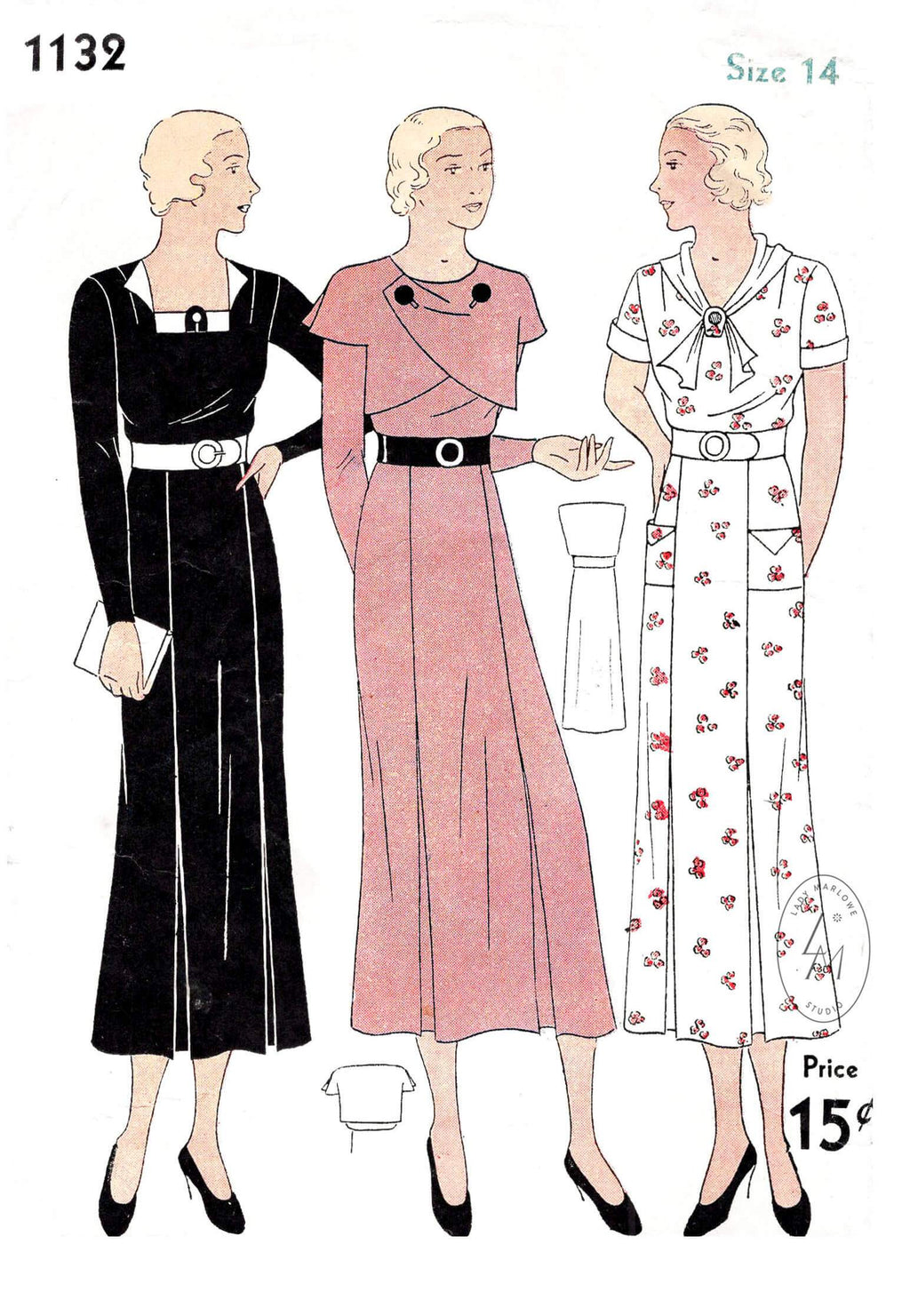 Simplicity 1132 1930s sewing pattern art deco dress in 3 styles capelet long sleeves vintage pattern repro