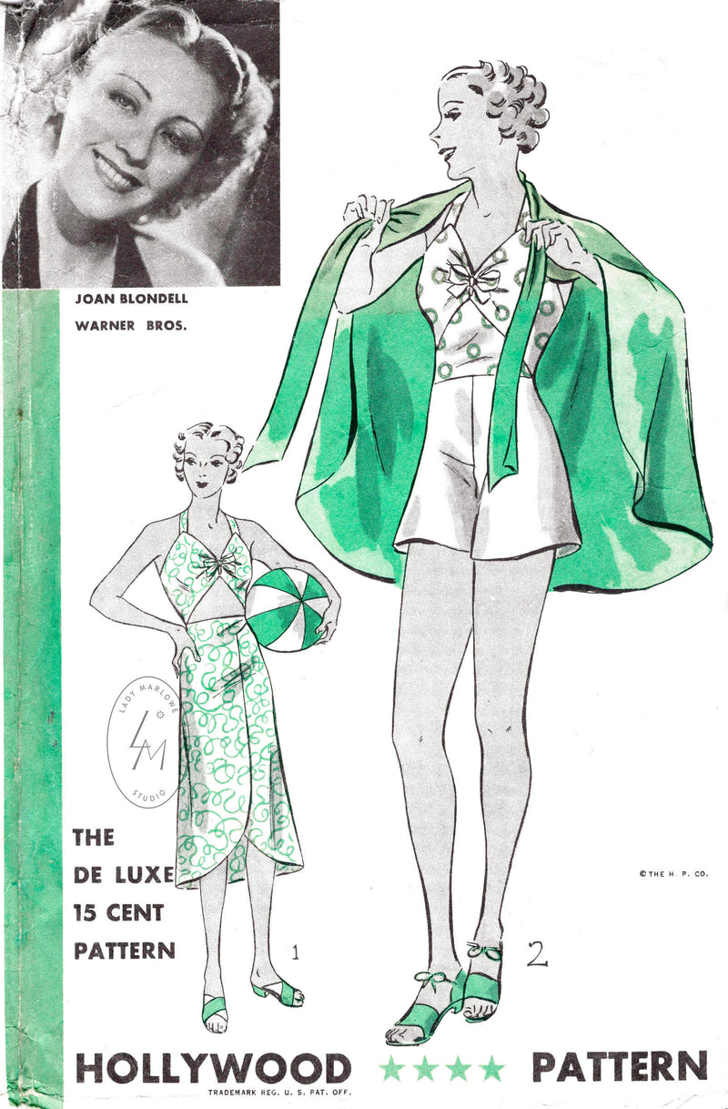 Hollywood 1134 1930s beachwear playsuit and halter dress vintage sewing pattern reproduction