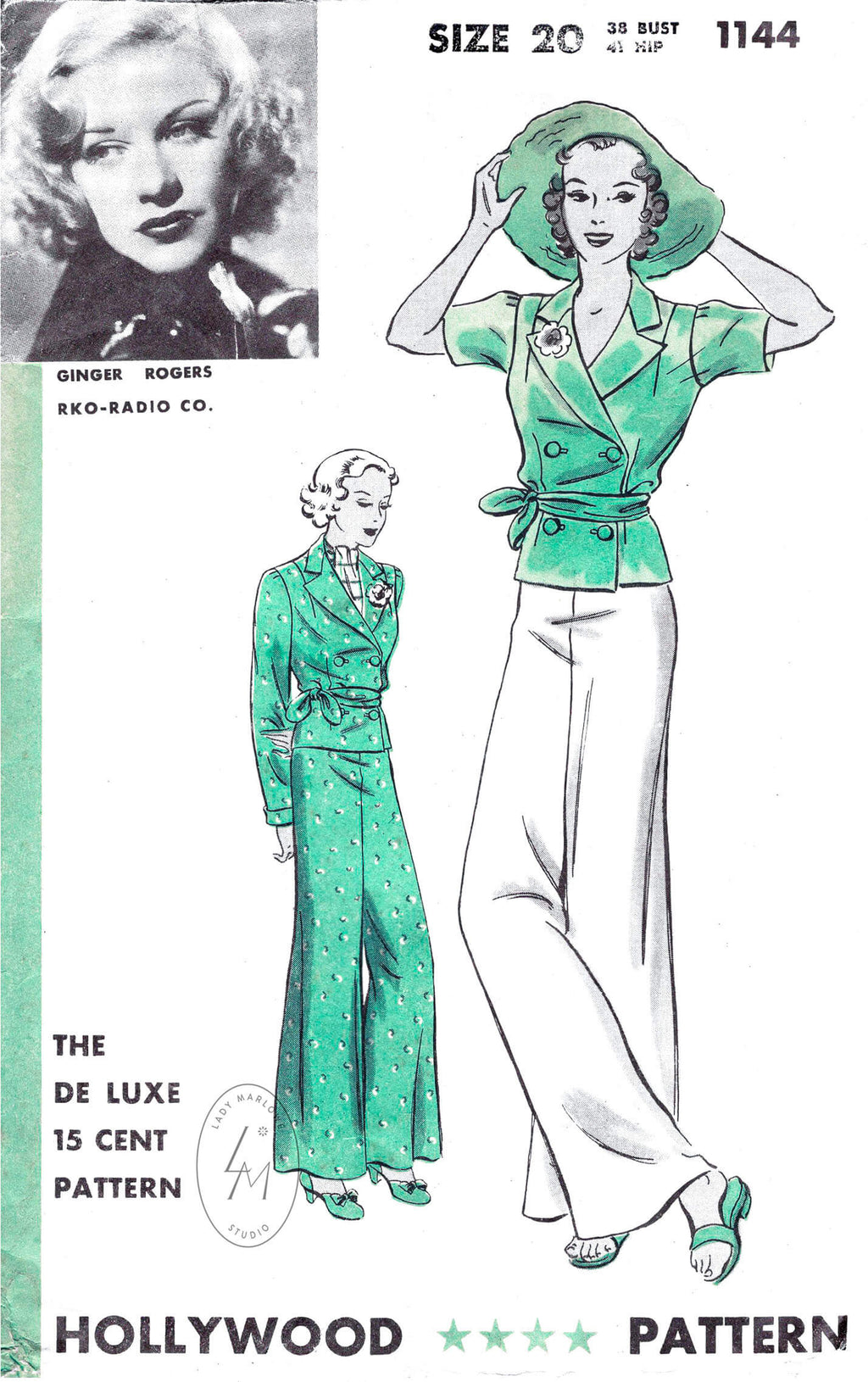 1930s Hollywood 1144 Ginger Rogers beachwear pajama pyjama wide leg trousers & double breasted jacket vintage sewing pattern reproduction