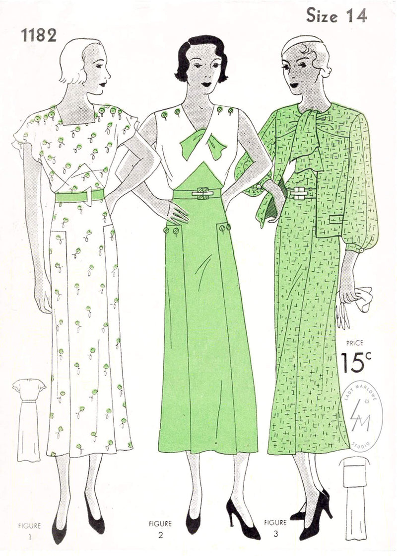Simplicity 1182 1930s dress in 2 styles & scarf collar jacket vintage sewing pattern repro