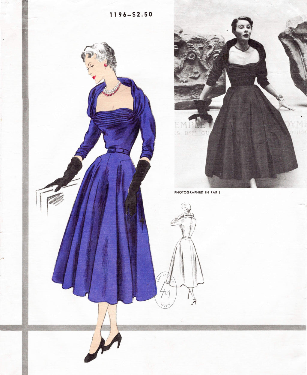 1950s dress Vogue Paris Original 1196 Desses wide neckline cinched waist full swing skirt vintage sewing pattern reproduction