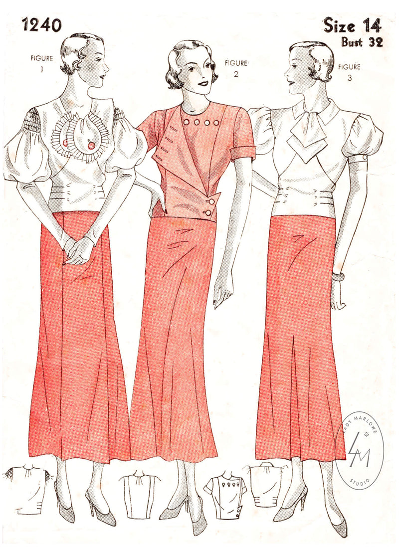 Simplicity 1240 1930s blouse trio art deco style vintage sewing pattern reproduction