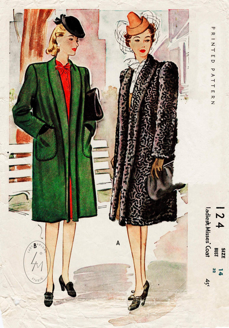 McCall 124 1940s vintage sewing pattern 1940 40s boxy coat outerwear