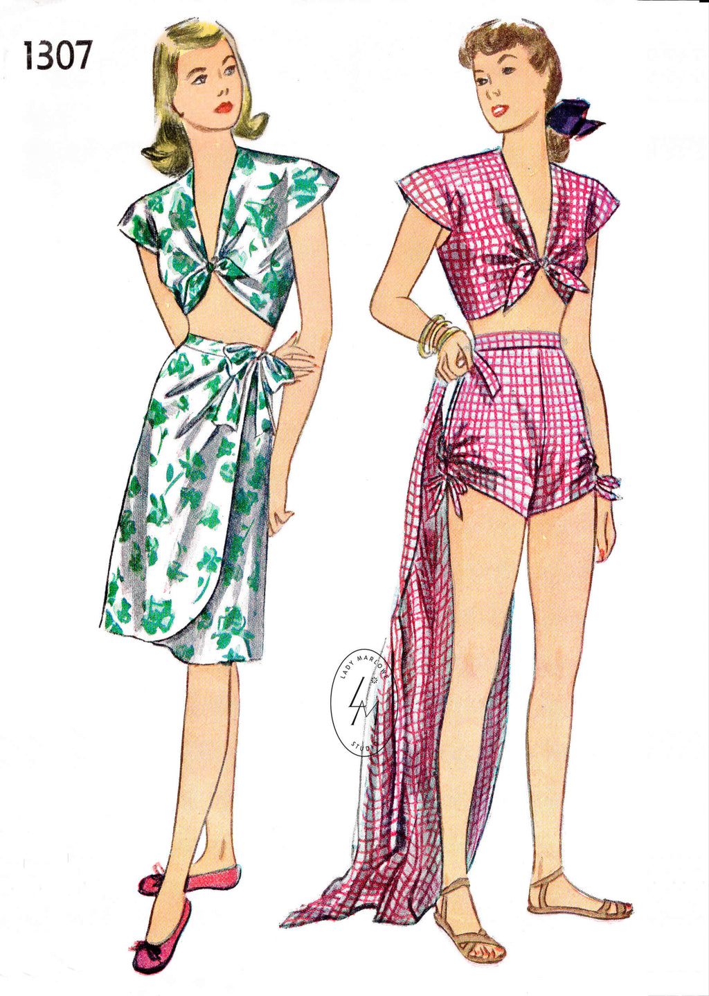 1940s beachwear pattern front tie crop top, wrap skirt, shorts