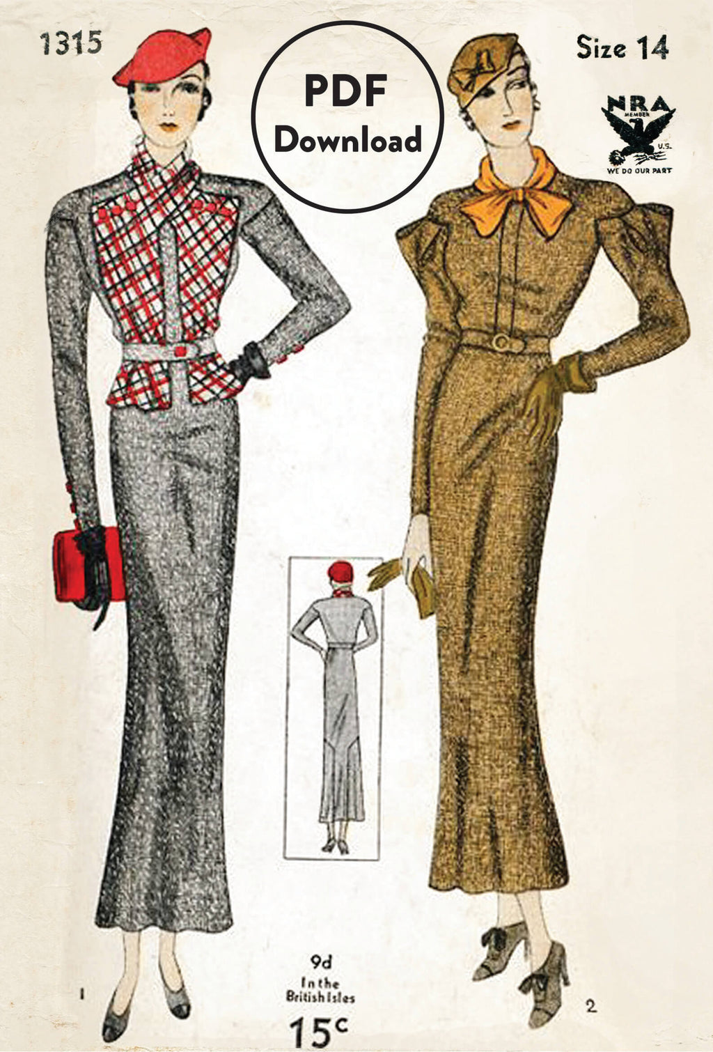 Simplicity 1315 1930s day dress vintage sewing pattern PDF download
