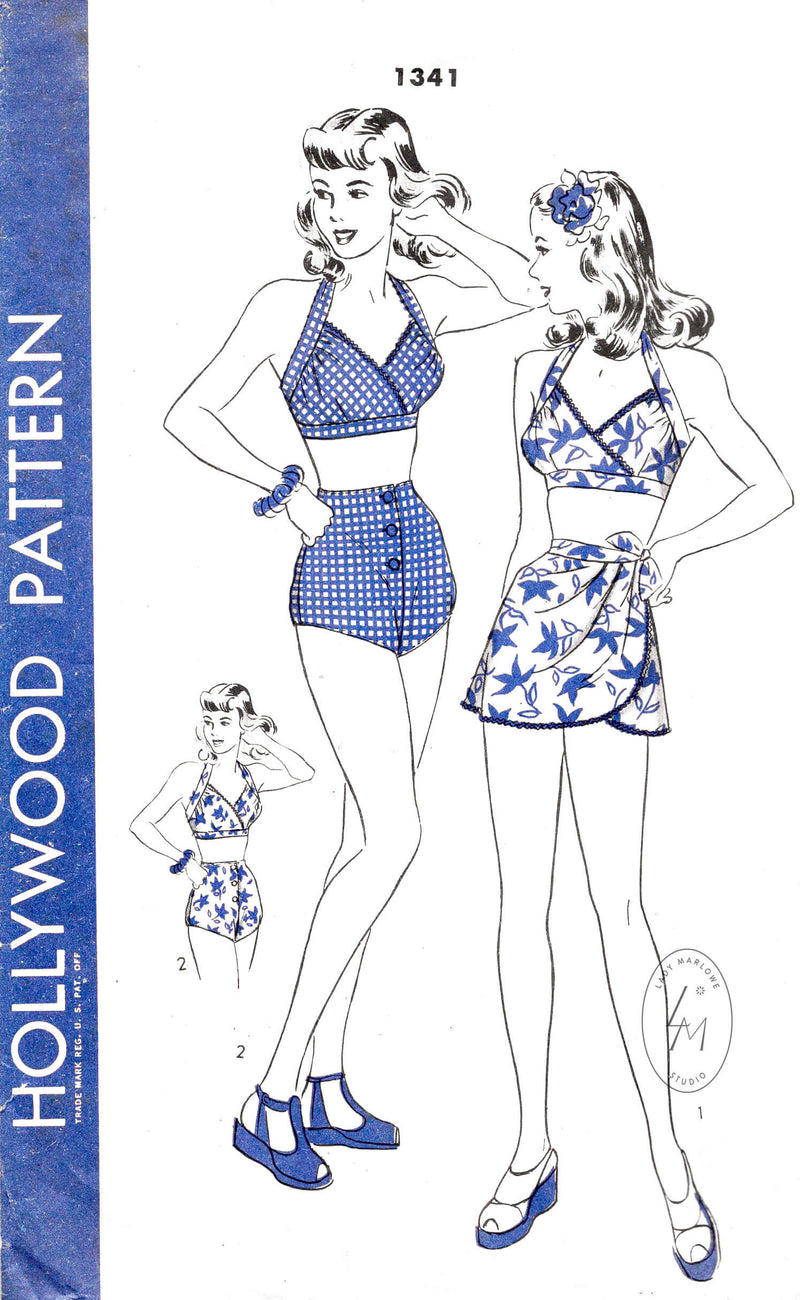 1940s 1946 Hollywood 1341 vintage bathing suit bikini high waist shorts & wrap skirt sewing pattern