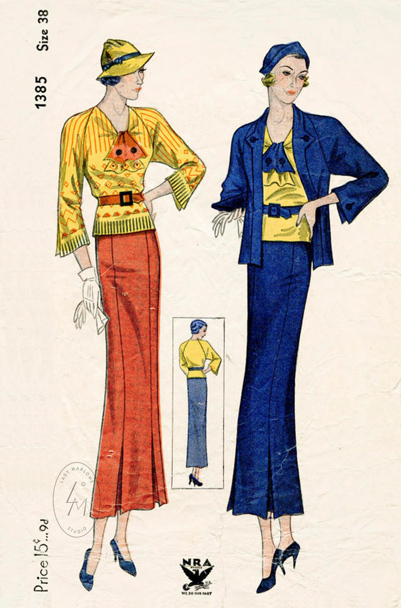 Simplicity 1385 1930 vintage sewing pattern 1930 30s  skirt suit blouse jacket