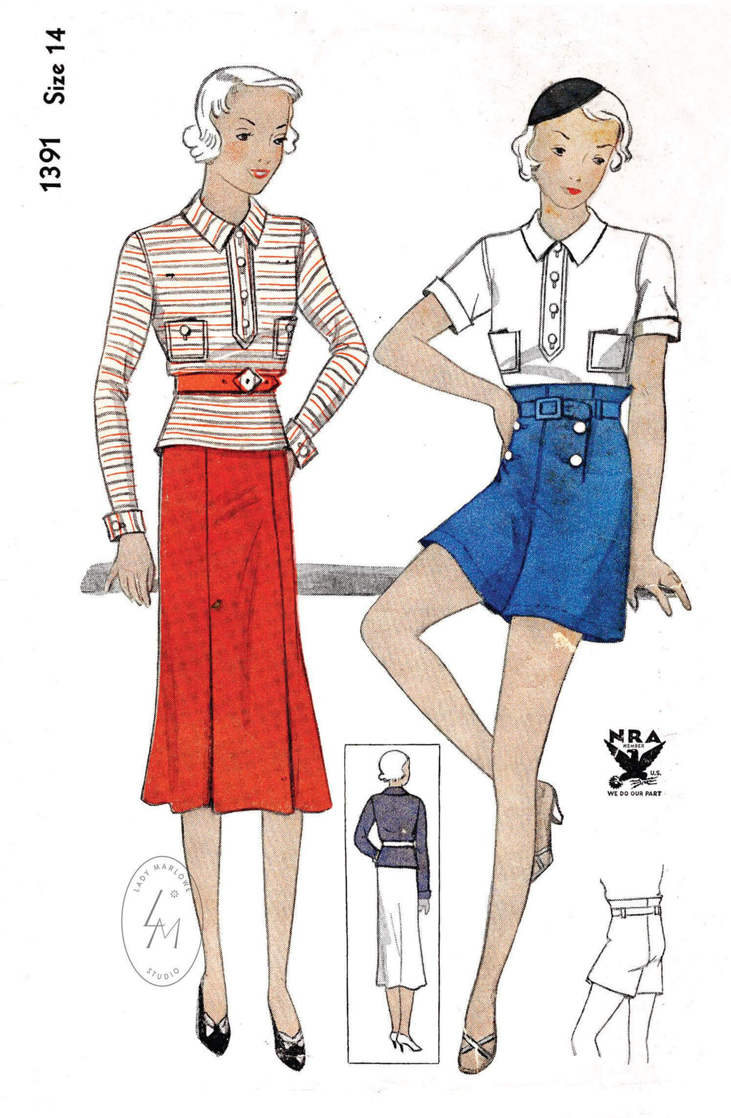 Simplicity 1391 1930s sportswear 3 piece ensemble high waist shorts polo shirt & skirt vintage sewing pattern repro
