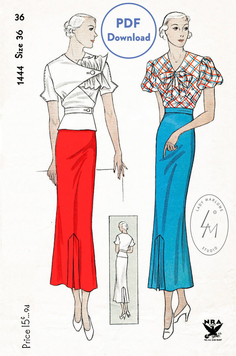 Simplicity 1444 1930s blouse skirt vintage sewing pattern PDF