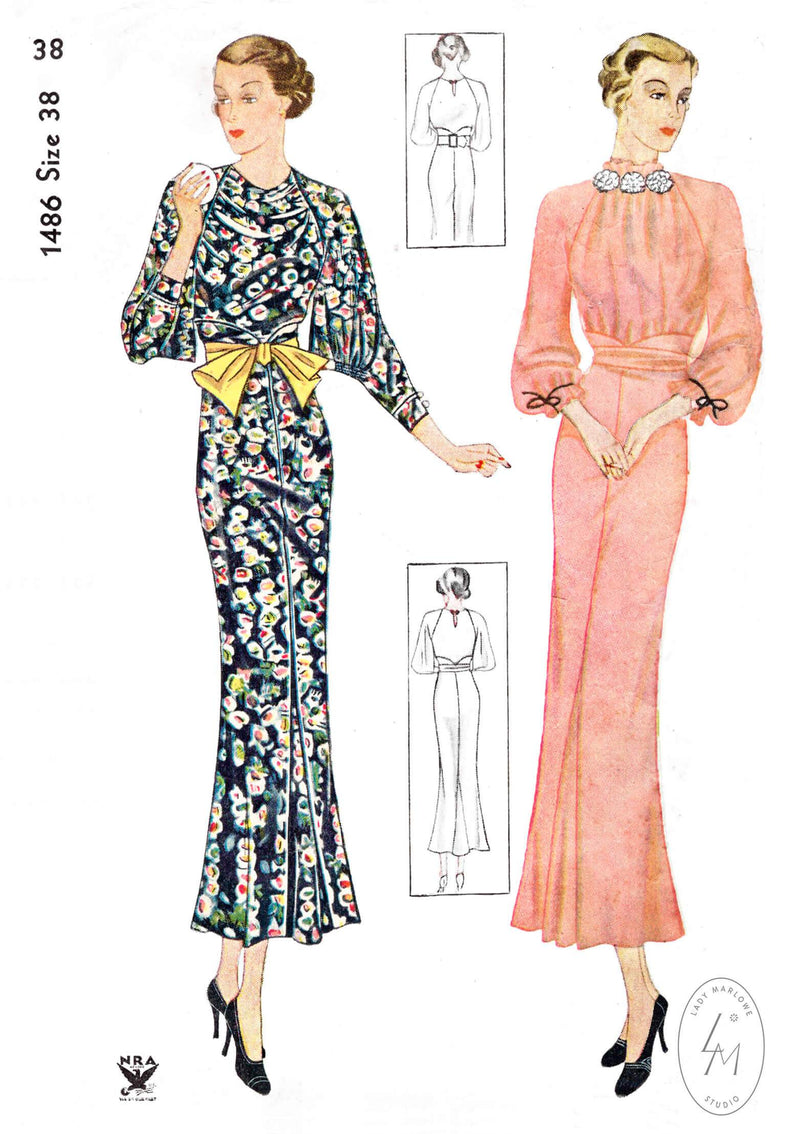 Simplicity 1486 1930s 1934 art deco day dress draped neckline vintage sewing pattern reproduction