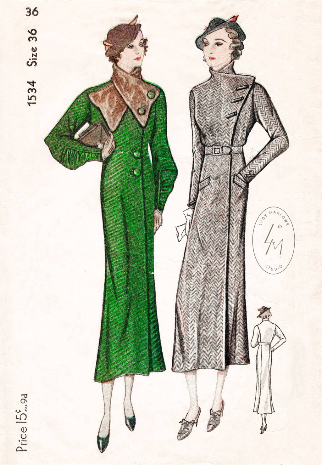 Simplicity 1534 1930s coat with fur collar vintage sewing pattern 1930 30s