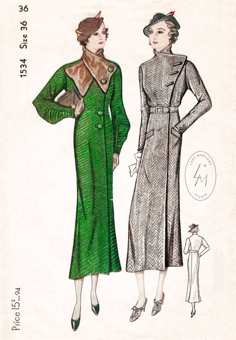 Simplicity 1534 1930s coat with fur collar vintage sewing pattern 1930 30s