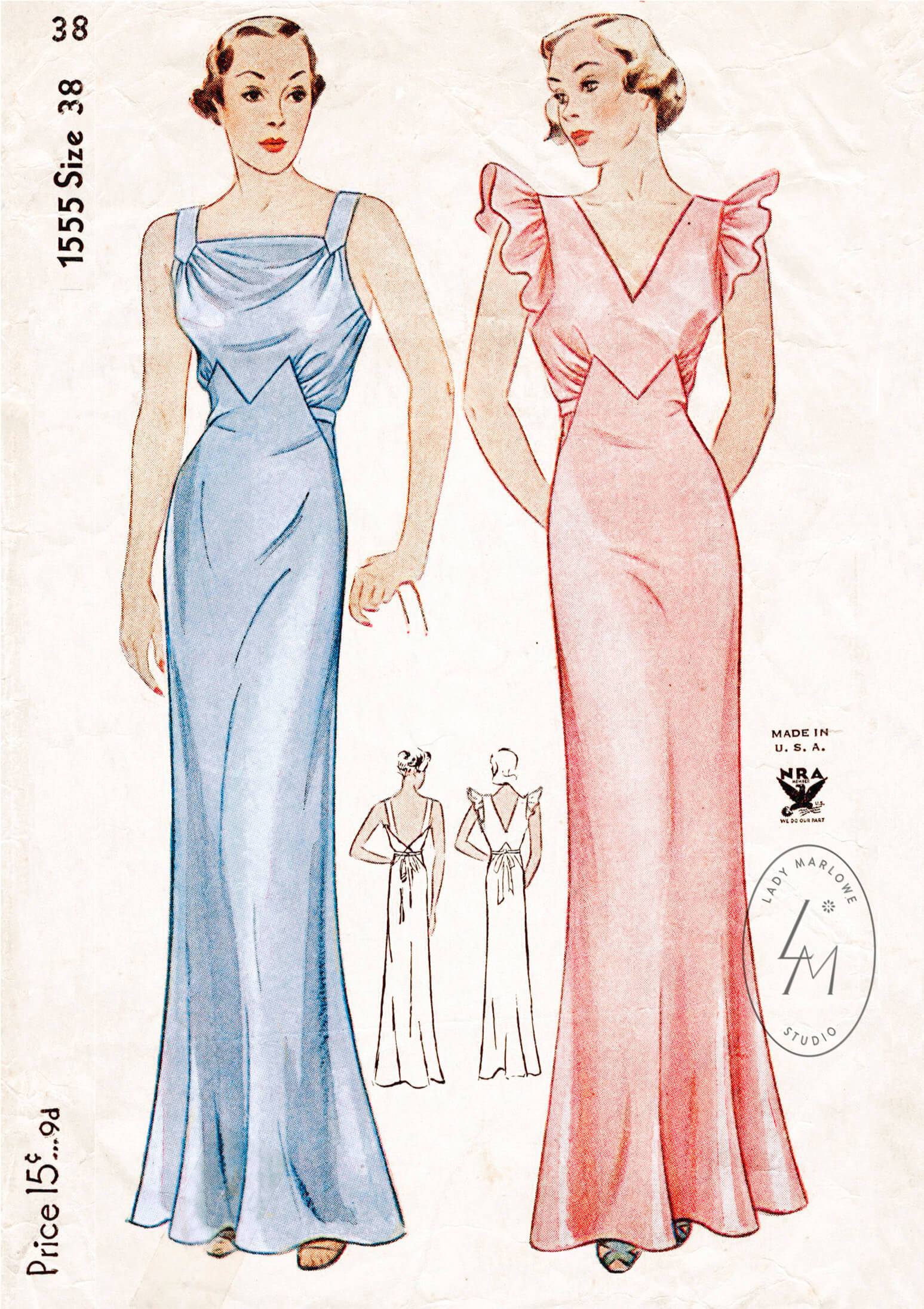 1930s evening slip dress vintage sewing pattern 1555 – Lady Marlowe