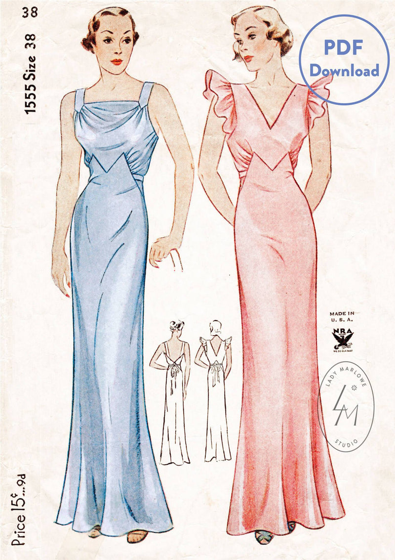 Simplicity 1555 1930s evening slip dress vintage sewing pattern 1930 PDF