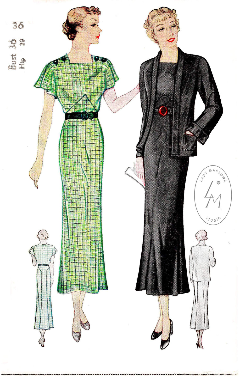 1930s 30s Simplicity 1564 art deco dress flutter sleeves jacket shawl collar vintage sewing pattern