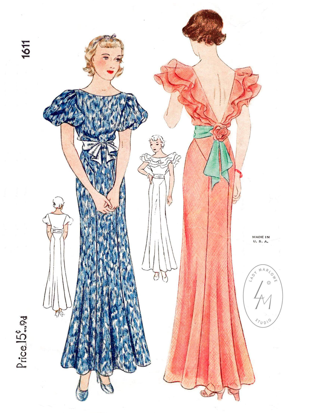 Simplicity 1611 1930s evening gown flutter sleeves vintage sewing pattern reproduction
