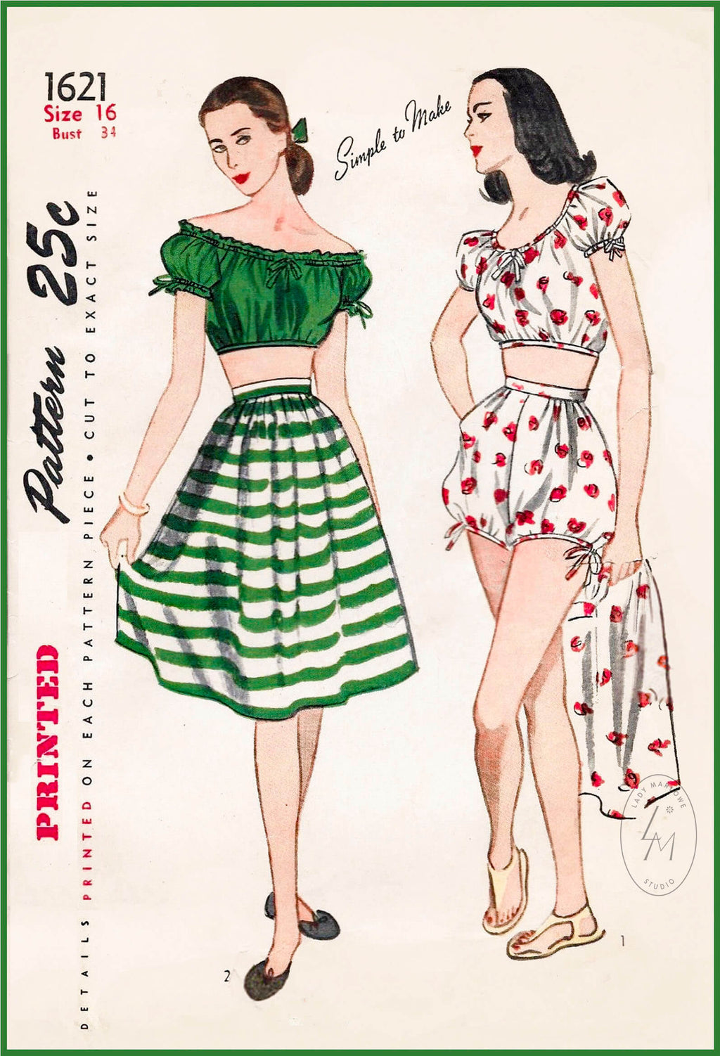 Simplicity 1621 1940s beachwear pattern off shoulder peasant blouse skirt shorts