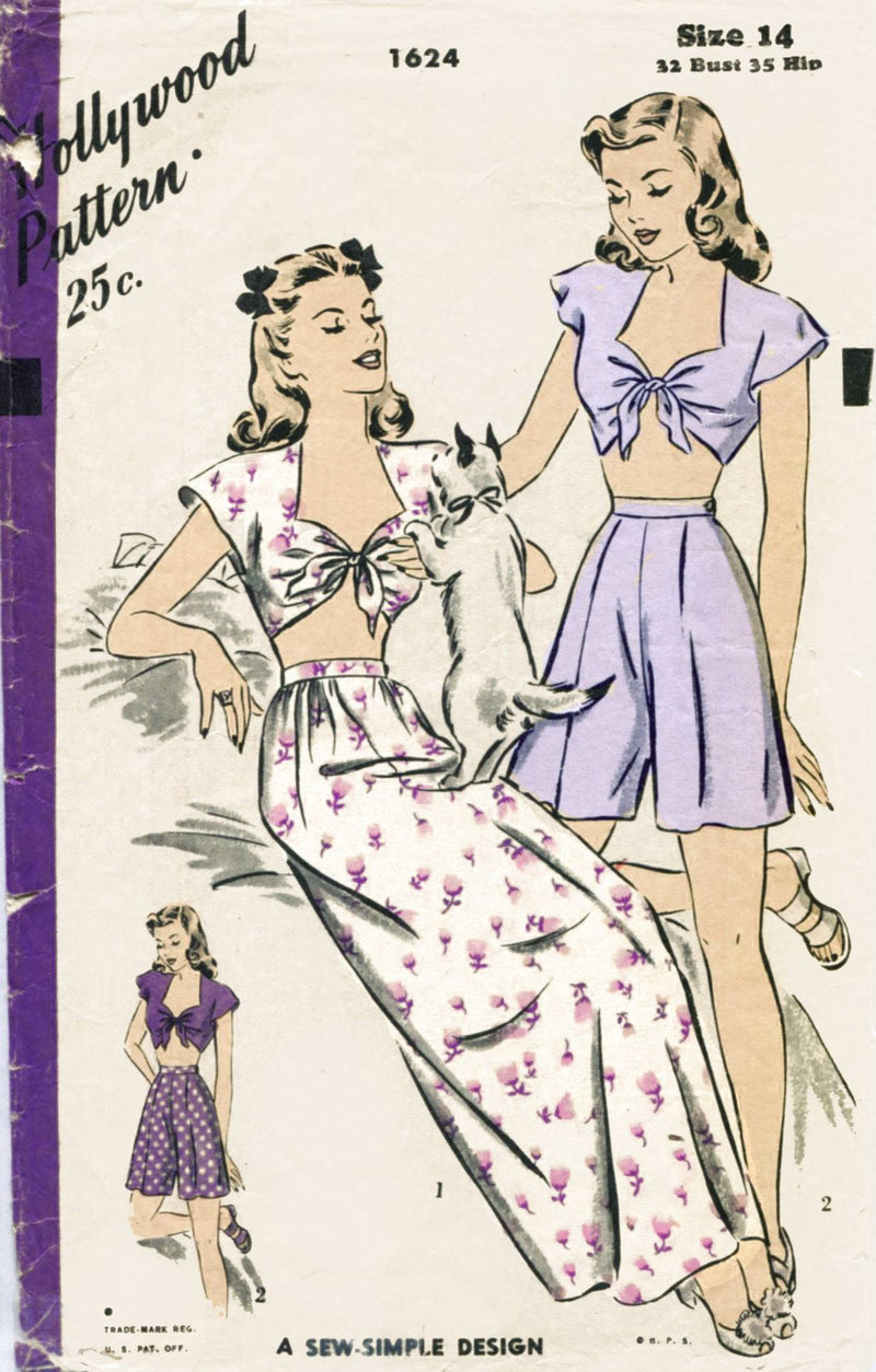 Hollywood 1624 1940s vintage pajama crop top sewing pattern