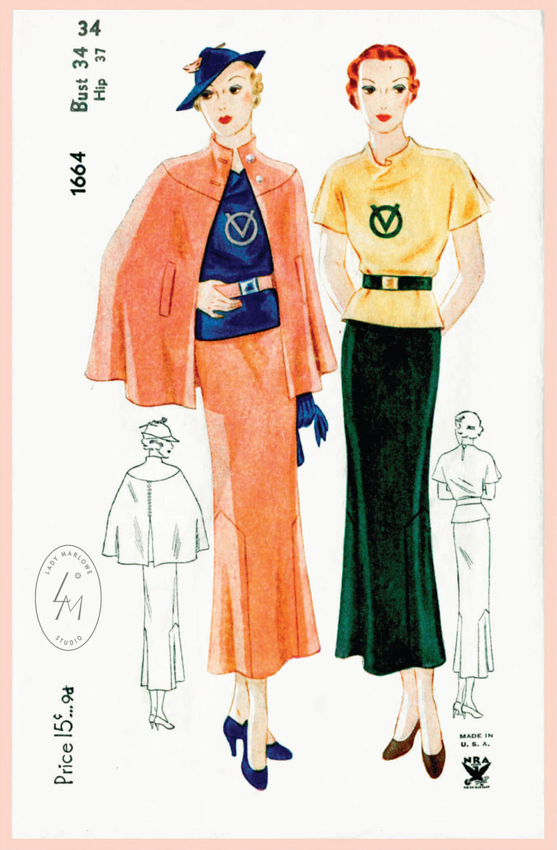 Simplicity 1664 1930s cape blouse skirt vintage sewing pattern